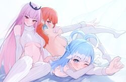 3girls :) aqua_hair ass bare_back bare_shoulders big_breasts blue_eyes blush breasts breasts_spilling_out confident cute detached_sleeves earrings exposed_back feathered_wings female female_only grin hand_on_own_shoulder happy happy_female head_tilt highres hololive hololive_english hololive_indonesia hololive_indonesia_holoh3ro hololive_myth kobo_kanaeru legs legwear light-skinned_female light_skin long_hair looking_at_viewer lying lying_on_stomach magenta_eyes mori_calliope navel no_bra one_eye_closed orange_hair panties pink_eyes pink_hair posing red_eyes revealing_clothes shiratategosha side_eye sideboob sitting smile stockings striped_clothing striped_sweater sweater sweater_dress tagme takanashi_kiara tiara tights underboob underwear veil very_long_hair virgin_destroyer_sweater waist white_legwear white_panties white_stockings white_sweater white_tights