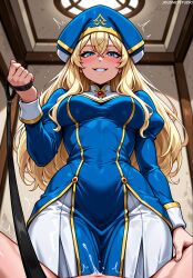 1boy ai_generated blonde_hair blue_dress blue_eyes blue_headwear blush breasts clothed_female_nude_male clothing collar covered_navel cum dress female femdom from_below goblin_slayer grin habit hair_between_eyes hat headwear holding holding_leash jousneystudio large_breasts leash long_hair long_sleeves looking_at_viewer looking_down male medium_breasts nun patreon_username pov_crotch pov_hands priestess_(goblin_slayer) puffy_sleeves sex smile solo_focus straight