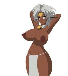 1girls 2d 2d_animation aisha_clanclan animal_ears animated bell big_breasts breasts collar color colored dark-skinned_female dark_nipples dark_skin fang female female_only headband large_breasts outlaw_star riffsandskulls shaking silver_eyes solo tagme tribal_clothing white_hair