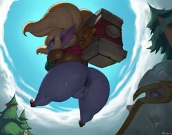 1boy 1girls absurdres anus ass big_ass blonde_hair blue_body bodily_fluids butt curvy_figure duo female footwear forastero genitals glistening glistening_body hammer hammer_weapon highres huge_ass humanoid humanoid_pointy_ears imminent_facesitting league_of_legends looking_back male mammal poppy puffy_anus purple_eyes pussy riot_games shortstack solo_focus sweat sweaty_ass thick_thighs twintails yordle