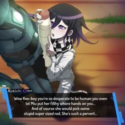 big_penis blush checkered_scarf danganronpa enookie erection kiibo kokichi_ouma ouma_kokichi purple_eyes purple_hair robot straight_hair text