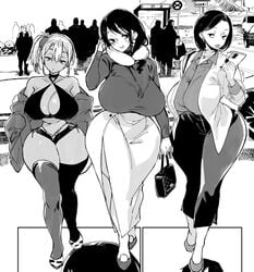 3girls achumuchi big_breasts cleavage comic_page curvy gyaru huge_breasts looking_at_viewer milf original short_hair skirt tan tan_skin thick_thighs thighhighs walking wide_hips