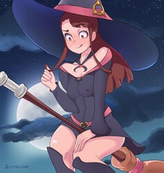 1girls akko_kagari bare_shoulders blush breasts_visible_through_clothing broom brown_hair female flying hat licking_lips litsilium little_witch_academia luna_nova_school_uniform moon nipples_visible_through_clothing off_shoulder red_eyes shiny_skin solo solo_female thick_thighs thighs tongue tongue_out witch witch_hat