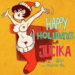 1girls albo arms_up big_breasts black_hair blush blush_stickers christmas closed_eyes female_pubic_hair happy happy_holidays jucika medium_hair nipples nude nude_female open_mouth open_smile pubic_hair santa_hat short_hair smile socks solo solo_female title_card webcomic