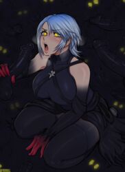 afrobull anti-aqua aqua_(kingdom_hearts) artist_name bare_shoulders black_legwear black_leotard black_skin blue_hair blush breasts colored_skin commentary corruption digital_media_(artwork) elbow_gloves enemy_conversion english_commentary female gloves glowing glowing_eyes handjob heartless highres kingdom_hearts large_breasts leotard monster monster_cock monster_on_female multiple_penises open_mouth penis red_gloves short_hair solo_focus squatting thighhighs uncensored waist_cape yellow_eyes