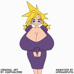 1:1 1girls alternate_breast_size animated belly big_breasts blonde blonde_hair blue_eyes blush blushing bouncing_breasts breast_expansion breasts cleavage clothed clothes clothing cloud_strife cloudette_strife drawsputin dress english_text erect_nipples expansion female female_only final_fantasy final_fantasy_vii front_view genderswap genderswap_(mtf) growth huge_breasts human human_only humanoid large_breasts looking_at_breasts looking_at_viewer looking_down matsu-sensei nipple_bulge nipples no_nose noseless rule_63 simple_background smile smiling solo solo_female standing text thunder_head voluptuous watermark white_background