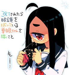 ahoge bangs black_hair cleaning_glasses closed_mouth cum cum_on_glasses cum_string cyclops facial female grey_sailor_collar long_hair long_sleeves looking_at_viewer muku-chan_(muroku) muroku_(aimichiyo0526) neckerchief one-eyed original parted_bangs red_eyes red_neckwear sailor_collar shirt solo translation_request upper_body white_shirt x_x