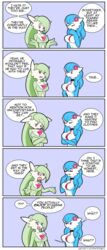 2girls 3_fingers anthrofied bell big_breasts blue_hair breasts comedy dialogue english_text female female_only fingers funny gardevoir green_hair hair humanoid humor laughter mari_(zedrin) nintendo pink_eyes pokémon_(species) pokemon pokemon_(species) saraiah_(heraldinthedark) shiny_gardevoir shiny_pokemon smile text video_games white_body zedrin