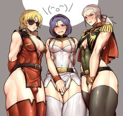 3boys abs ambush_(trap) anavel_gato angry annoyed big_pecs blonde_hair blush bodysuit bulge char_aznable cleavage_cutout clothed covering_crotch embarrassed femboy feminization gay gundam gundam_0083 haranomushi leotard long_hair looking_at_viewer male_only man_boobs minidress mobile_suit_gundam nipples_visible_through_clothing paptimus_scirocco pecs ponytail puckered_lips purple_hair quattro_bajeena skimpy tagme thick_ass thick_thighs thighhighs toned toned_male trap tunic view_from_below white_hair yaoi zeta_gundam