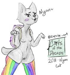 2020 anthro backpack blush breasts caprice_art clothing digital_media_(artwork) felid feline female fur genitals grey_body grey_fur legwear mammal meme navel nyan_cat pussy small_breasts solo stockings wide_hips