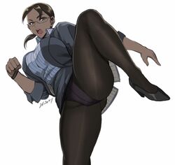 1girls ass_visible_through_thighs black_pantyhose brown_eyes brown_hair business_suit business_woman capcom clothing dark-skinned_female dark_skin female female_only glasses grey_skirt heels highres kicking leg_up long_legs looking_at_viewer miniskirt office_lady open_mouth panties_under_pantyhose pantyhose pencil_skirt ponytail pose purple_panties resident_evil resident_evil_5 sheva_alomar shibusun signature simple_background skirt skirt_lift skirt_suit sleeves_rolled_up solo solo_female thick_thighs tied_hair white_background