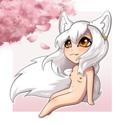 :3 amber_eyes animal_humanoid breasts canid canid_humanoid canine canine_humanoid ear_piercing female fur hair hi_res humanoid light_body light_skin mammal mammal_humanoid nude piercing ranara simple_background small_breasts solo white_body white_fur white_hair white_pubes wolf_humanoid