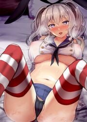 animal_ears arm_support black_panties blue_eyes blue_skirt breasts collarbone cosplay covered_nipples fake_animal_ears female gin'ichi_(akacia) gloves hair heart heart-shaped_pupils kantai_collection kashima_(kantai_collection) large_breasts looking_at_viewer lying medium_hair navel nipples_visible_through_clothing on_back panties pleated_skirt pussy_juice see-through shimakaze_(kantai_collection) shimakaze_(kantai_collection)_(cosplay) silver_hair skirt solo symbol-shaped_pupils thong twintails underboob underwear white_gloves