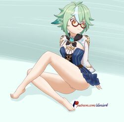 clothed daniark female genshin_impact glasses green_hair legs sucrose_(genshin_impact)