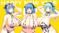 2021 3girls bikini bikini_top blue_eyes blue_hair blush breast cow_bikini cow_ears cow_girl cow_print cowbell female huge_breasts inchou_(kaitsuart) kaitofuuma large_breasts multiple_girls ran_(kaitofuuma) rina_atherina_(errorkazoo) swimsuit top_heavy voluptuous year_of_the_ox