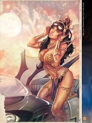 1girls a_princess_of_mars armlet barsoom black_hair bracelet cedric_poulat dejah_thoris fit_female goggles_on_head gold_pasties green_eyes headdress john_carter_of_mars large_breasts loincloth long_hair looking_at_viewer martian official_art pasties pink_skin royalty vehicle voluptuous