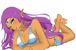 1girls bare_legs bare_shoulders barefoot bikini blue_eyes breasts brown_skin cleavage dark-skinned_female dark_skin earrings feet feet_together feet_up female_only hair_down highres jewelry long_hair looking_at_viewer lying nuremy01 on_stomach open_mouth pointy_ears purple_hair shantae shantae_(character) simple_background smile smooth_skin solo striped_bikini tan_skin the_pose tiara toes very_long_hair white_background