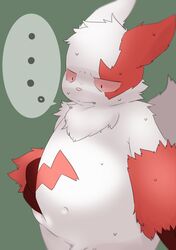 ... 2021 absurd_res anthro belly bodily_fluids fur genitals green_background hi_res hitsuzi_taro11 kemono male navel nintendo penis pokémon_(species) pokemon pokemon_(species) red_body red_fur simple_background slightly_chubby solo sweat video_games white_body white_fur zangoose