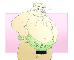 2021 anthro balls belly blush censored genitals humanoid_hands inunoshippo kemono male mammal moobs navel nipples overweight overweight_anthro overweight_male solo text ursid