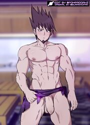 1boy abs balls bara big_penis blush buranko! burankoprn danganronpa danganronpa_v3 gay kaito_momota male male_focus male_only momota_kaito muscles muscular muscular_male naked nipples penis pompadorkz purple_hair testicles towel yaoi