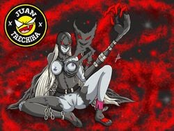 arm_up black_suit bodysuit boobs chains demon_girl demon_wings digimon digimon_adventure digimon_adventure_02 juantrechiha ladydevimon mask_on_head nude red_eyes silver_hair sitting smile solo vagina