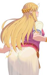 a_link_between_worlds armlet ass ass_in_dress ass_slap ass_smack belt blonde_hair circlet dress earrings female fully_clothed green_eyes highres jewelry long_hair nintendo panties pantylines pointy_ears princess_zelda see-through simple_background slap solo spanked spanking super_smash_bros. surprised suwaiya the_legend_of_zelda thighs underwear white_background white_dress white_panties zelda_(a_link_between_worlds)