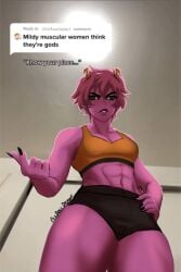 1girls abs artist_request ashido_mina athletic athletic_female black_nails black_sclera english_text female female_only horns know_your_place long_fingernails looking_down meme mildly_muscular_woman mina_ashido monoma_neito muscular my_hero_academia neito_monoma painted_nails pink_hair pink_skin solo solo_female sports_bra text thick_thighs viewed_from_below