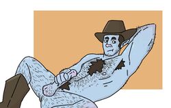 1boy blue_skin brown_eyes brown_hair cowboy_boots cowboy_hat firbolg hairy hairy_armpits hairy_arms hairy_balls hairy_chest hairy_legs hairy_male hand_behind_head holding_penis looking_to_the_side male male_masturbation male_only masturbation note_(starrry_knightt) original_character solo_male spread_legs starrry_knightt stubble