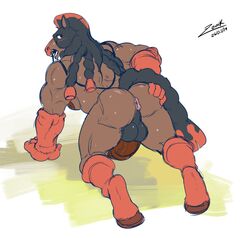 absurd_res anus ass balls bara black_hair black_tail brown_body brown_fur equid equine fur genitals hair hand_on_butt hi_res male male_only mammal mudsdale muscular muscular_male nintendo penis pokémon_(species) pokemon rear_view red_feet red_hands red_legs simple_background solo video_games white_background zourik