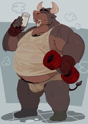 2021 anthro belly bodily_fluids bovid bovine bulge cattle closed_eyes clothing furry hi_res humanoid_hands kemono male mammal milk motogen overweight overweight_anthro overweight_male shirt solo sweat tank_top topwear underwear