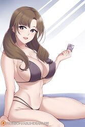 1girls 2019 artist_name aslindsamure belly bikini bikini_bottom bikini_top breasts brown_hair cleavage condom female female_focus female_only heart-shaped_pupils looking_at_viewer mature mature_female milf navel nipple_bulge oosuki_mamako open_mouth purple_eyes sideboob simple_background solo solo_female tsuujou_kougeki_ga_zentai_kougeki_de_ni-kai_kougeki_no_okaasan_wa_suki_desu_ka? wariza