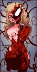 1girls 2021 blonde_hair breasts carnage_(marvel) crossover eastern_and_western_character fangs female female_focus hair_down himiko_toga long_hair looking_at_viewer marvel marvel_comics my_hero_academia nipples nude one_shoulder_exposed one_shoulder_top open_mouth randomboobguy smile symbiote teeth yellow_eyes