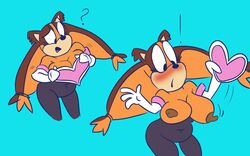 anthro badger blush breasts brown_body brown_nipples confusion cosplay eyelashes female fluffychuck91 gloves hair looking_down nipples orange_body rouge_the_bat_(cosplay) solo sonic_(series) sonic_boom sticks_the_badger sticks_the_jungle_badger sticks_the_tejon suit toony