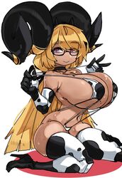 1girls big_breasts big_horns blonde_hair caoimhe_(zanamaoria) choker clothing_pull cow_girl cow_print curved_horn dark-skinned_female dark_skin elbow_gloves eyebrows_visible_through_hair female female_only glasses hair_on_horn heel_boots horns kneeling legwear long_hair looking_at_viewer milf original pink_eyes shortstack sling_bikini smiling solo solo_female succubus thick_thighs thigh_squish very_high_resolution white_background zanamaoria