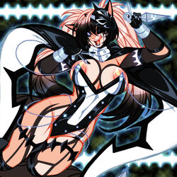 angel_kryis anthro areola black_fur black_hair breasts clothed clothing crystal-for-ever detailed_background domestic_cat felid feline female female_only fluffy fluffy_tail fur glowing_eyes holding holding_weapon kunai makeup makeup_running mask melee_weapon multicolored_fur open_mouth open_smile partially_clothed pink_fur pink_hair smile tail teeth tongue tongue_out two_tone_hair white_eyes white_fur