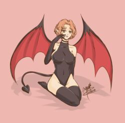 big_breasts choker cosplay demon demon_girl demon_tail erect_nipples fluffy_hair haru_okumura leotard nipples_visible_through_clothing persona persona_5 pointy_ears stockings succubus succubus_(megami_tensei) tail thick_thighs wings