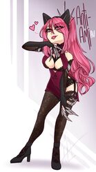 aliceland alternate_costume ami_(gwain_saga) claws cleavage corruption evil evil_smile gwain_saga heart high_heels leggings lipstick looking_at_viewer pink_eyes pink_hair text