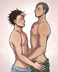 balls big_penis biting_lip boxers brown_hair cum domination dxthgrp friends frottage gay grinding haikyuu!! male_only masturbation moaning nishinoya_yuu precum shirtless smaller_male submissive tanaka_ryuunosuke tananoya two_tone_hair yaoi