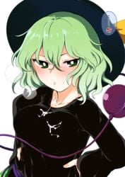 ... :d absurdres alternate_costume anger_vein black_headwear black_shirt blush breasts bright_pupils closed_mouth collarbone commentary_request cum cum_on_body cum_on_breasts cum_string eyeball eyebrows_behind_hair female green_eyes green_hair green_skirt hair_between_eyes hat highres kaisenpurin koishi_komeiji long_sleeves looking_at_viewer medium_breasts medium_hair open_mouth shirt simple_background skirt smile solo speech_bubble spoken_anger_vein spoken_ellipsis third_eye touhou wavy_hair white_background white_pupils