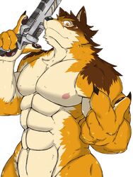 3:4 abs anthro barrel_(live_a_hero) beckoning canid canine canis gesture gun handgun hi_res inuyama_kensin live-a-hero male mammal muscular muscular_anthro muscular_male nipples nude pecs pistol ranged_weapon weapon wolf