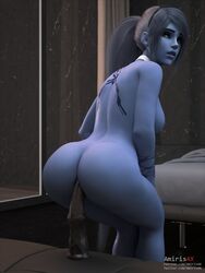 1girls 3d amiris4 ass big_ass blender breasts female female_only looking_at_viewer looking_back masturbation overwatch solo widowmaker