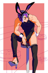 1boy bar bar_stool bodysuit bunny_boy bunny_ears bunny_tail bunnysuit crossdressing guido_mista high_heels jojo's_bizarre_adventure legs_apart leotard long_legs male_only open_legs playboy_bunny sitting smile solo solo_male thighhighs toned toned_male tucking vento_aureo wink