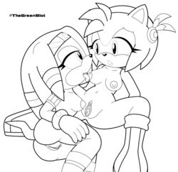 2girls amy_rose black_and_white boots clitoris duo echidna gloves hair hedgehog inkbunny licking looking_at_another neoeclipse open_mouth pussy sonic_(series) tiara tikal_the_echidna tongue tongue_out