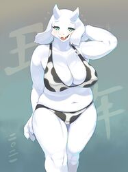 1girls animal_ears anthro bikini bikini_bottom bikini_top blush caprine cleavage cow_print curvaceous embarrassed female female_only fur furry furry_only goat green_eyes horns kame_3 looking_at_viewer mammal narrowed_eyes open_mouth solo solo_female toriel undertale very_high_resolution white_fur