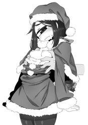 arms_at_sides blush breasts breasts_out closed_mouth cowboy_shot cyclops dress female fur-trimmed_dress fur-trimmed_headwear fur_trim grabbing grabbing_from_behind greyscale hat head_tilt highres long_hair long_sleeves looking_at_viewer monochrome muku-chan_(muroku) muroku_(aimichiyo0526) nipples one-eyed original pantyhose santa_hat simple_background small_breasts solo standing wavy_mouth white_background