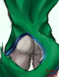 absurd_res anthro ass balls butt_focus canid canine canis domestic_dog fur furry genitals green_body green_fur hermesdidit hi_res male mammal multicolored_body multicolored_fur nude simple_background sketch solo treed_(character)