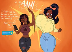 2girls big_breast_humiliation big_breasts boob_slap breast_envy breasts cold dark-skinned_female dark_skin eimmikha freckles glasses hourglass_figure huge_breasts kaboozle maddie_(eimmikha) multiple_girls original original_character siblings sisters slapping_breasts text voluptuous wide_hips