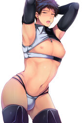 1boy all_out!! arms_up ass_visible_through_thighs bara black_hair blush bulge cleavage_cutout crop_top e_(remix99) looking_at_viewer male_only midriff miyuki_atsushi nipples open_mouth partially_clothed pecs posing short_hair skimpy solo_male thick_thighs thigh_boots thighhighs thong toned toned_male unzipped