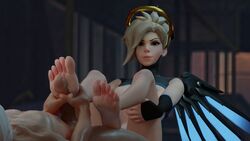 1boy 1girls 3d blizzard_entertainment blonde_hair blue_eyes faceless_male feet foot_fetish foot_focus foot_fuck foot_grab footjob hands hands_on_feet large_penis mercy overwatch penis propor_(artist) smile smiling sole_sliding_footjob soles toes toes_spread white_hair