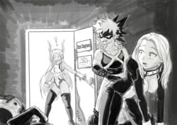 1boy 2girls being_watched breasts breasts_out bunny_ears bunny_girl camie_utsushimi caught caught_in_the_act cuckquean doggy_style female from_behind from_behind_position greyscale hero_outfit_(mha) katsuki_bakugou male mask miruko monochrome my_hero_academia nipples partially_clothed ripped_clothing rumi_usagiyama sdnm sex shiketsu_high_school_cap shounen_jump standing straight straight_sex sudoname surprised surprised_expression taken_from_behind tight_clothing walked_in_on watching work_place